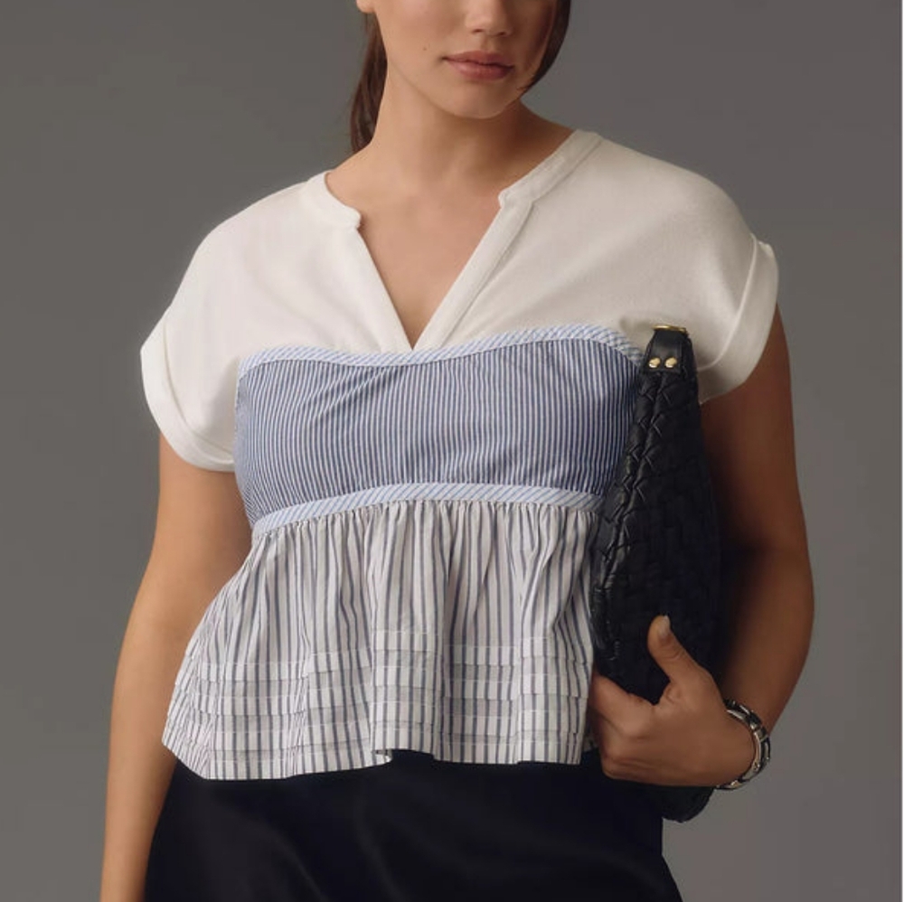 Anthropologie Pilcro Blue Striped Babydoll Cropped Blouse Small • Y2K Soft Girl